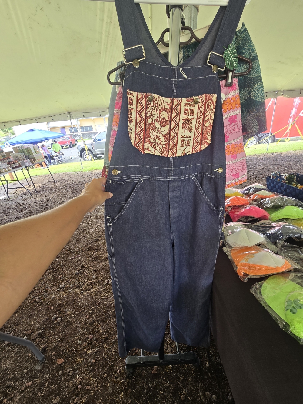 Vintage Sears 1970s Upcycled Dark Blue Denim Jumpsuit with Tapa Cloth Front/back
